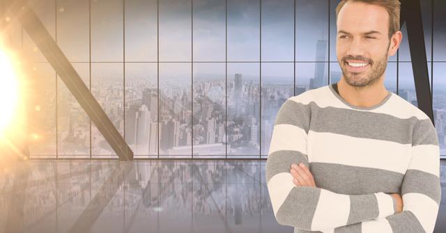 Confident Man in Striped Sweater with Cityscape - Download Free Stock Images Pikwizard.com