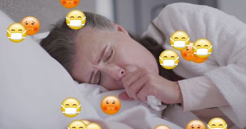 Sick woman coughing with overlapping health emojis