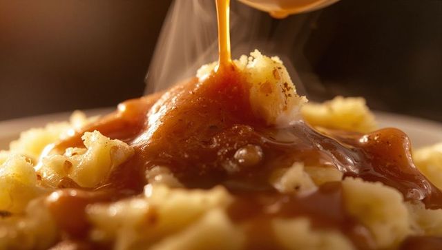 Creamy mashed potatoes with savory gravy pour