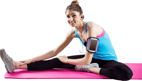 Transparent Fitness Enthusiast Stretching on Yoga Mat with Smartphone