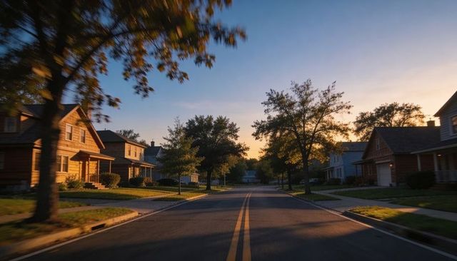 Golden hour empty suburban street with double yellow line and tree-lined houses at sunset