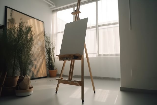 Blank canvas on easel by window in sunny room with plants, created using generative ai technology - Download Free Stock Photos Pikwizard.com