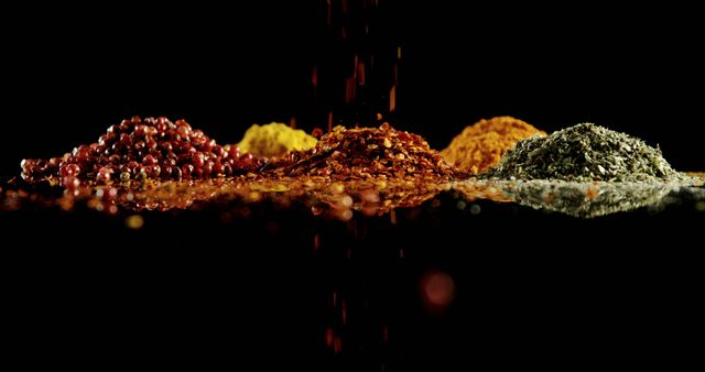 Close-up of herbs and spices falling on black surface 4k