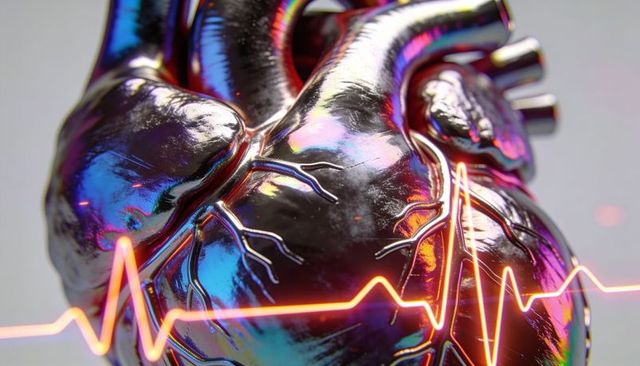 Iridescent chrome anatomical heart reflecting neon ecg waveform macro close-up
