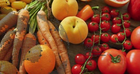 Vibrant rustic still life of fresh produce with halftone graphic overlay on wooden table