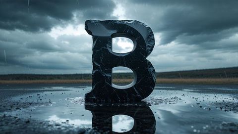 Stone letter b monument in rainy landscape highlights reflection