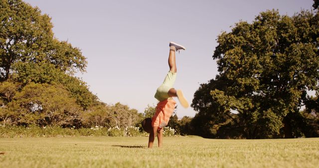 Young boy balancing on his hands while performing a handstand on a sunny day in a park surrounded by lush trees and open grass. Perfect for promoting outdoor activities, healthy lifestyle, summer fun, and children's athletic campaigns.