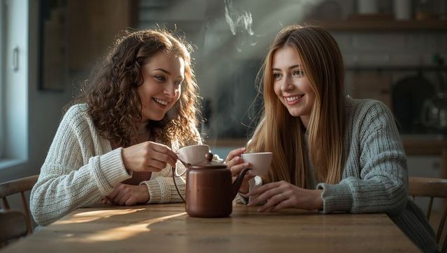 Pouring tea and sharing laughter, two women wearing knit sweaters at sunlit kitchen table