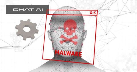 Displaying gray 3d head bust with red malware alert in futuristic cybersecurity interface