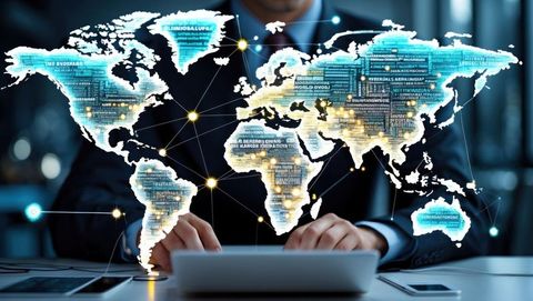 Businessman Analyzing Holographic Global Map in Modern Office - Download Free Stock Images Pikwizard.com