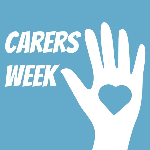 Digital composite image of carers week text by white hand with heart shape against blue background. vector, altruism and awareness concept.