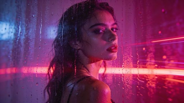 Gazing woman in neon pink studio lighting behind wet glass pane, moody cinematic portrait
