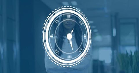 Businesswoman posing with compass overlay symbolizing career direction leadership strategy
