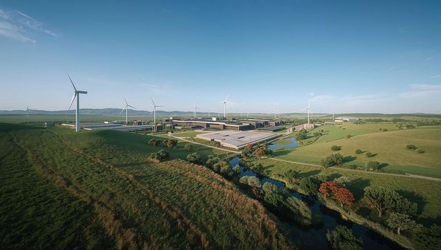 Aerial panorama of renewable energy campus with wind turbines across rolling countryside