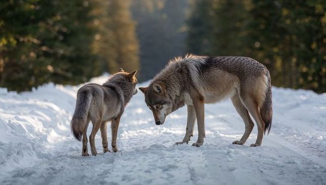 Two wolves standing and sniffing on snowy forest path with sunlit backdrop and paw prints