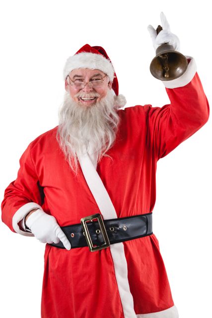 Portrait of santa claus ringing a bell against white background