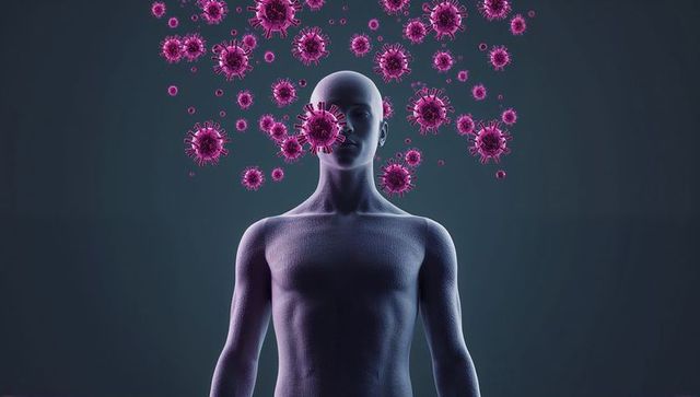 3d human figure with floating viral particles in medical illustration