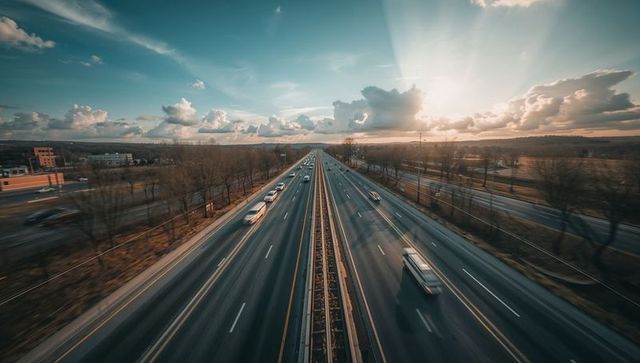 Elevated vantage capturing moving traffic on divided highway with dramatic sunset rays