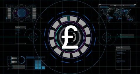 Futuristic pound currency hud dashboard rotating rings neon grid for digital finance