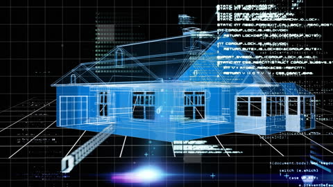 Digital House Projection with Data Overlay on Black Background