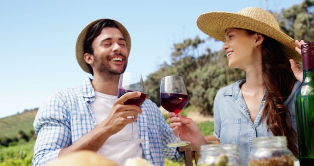 Couple Enjoying Wine on a Sunny Picnic in the Countryside - Download Free Stock Images Pikwizard.com