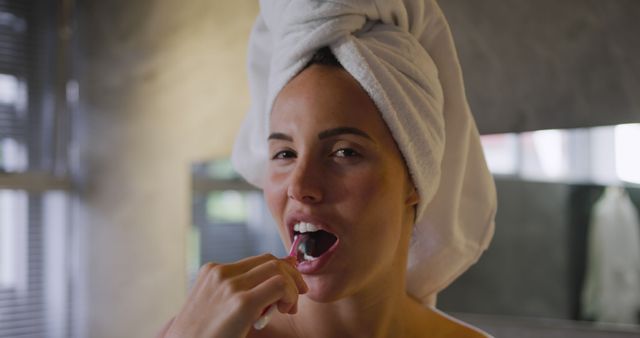 Woman Brushing Teeth in Morning Bathroom Routine - Download Free Stock Images Pikwizard.com