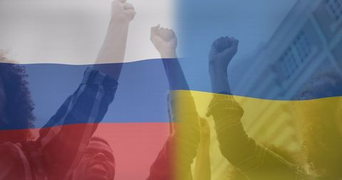 Protesters Raising Fists Beneath Blurred Ukraine and Russia Flags - Download Free Stock Images Pikwizard.com