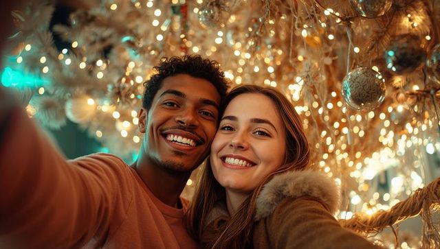 Smiling Couple Enjoying Holiday Market with Warm Festive Lights