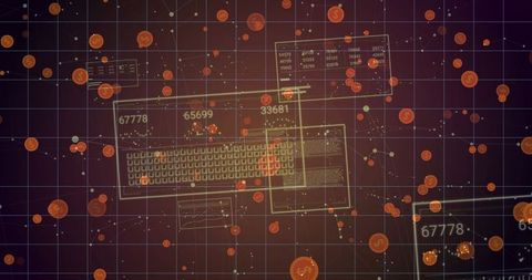 Floating Wireframe Keyboard HUD with Crypto Coin Network and Financial Data Visualization