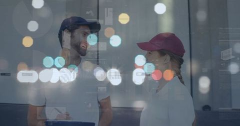 Smiling Delivery Staff with Bokeh Lights in Background