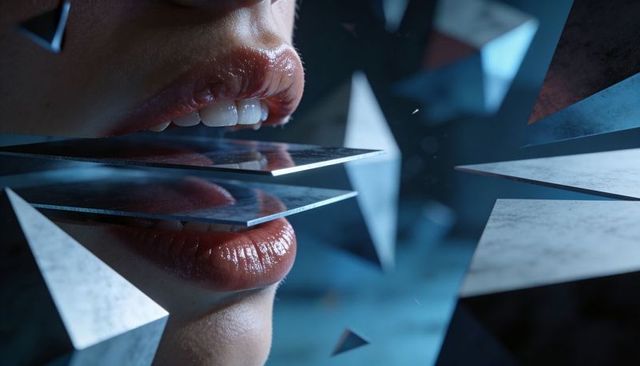 Glossy lips pressing thin mirrored panels among floating geometric shards, surreal close-up