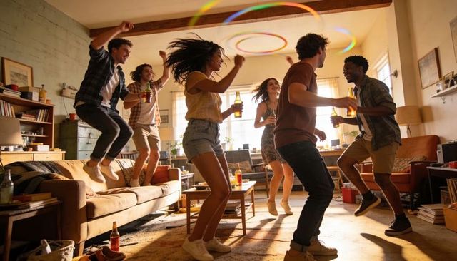 Young friends dancing and celebrating with hula hoops and beer in sunlit living room