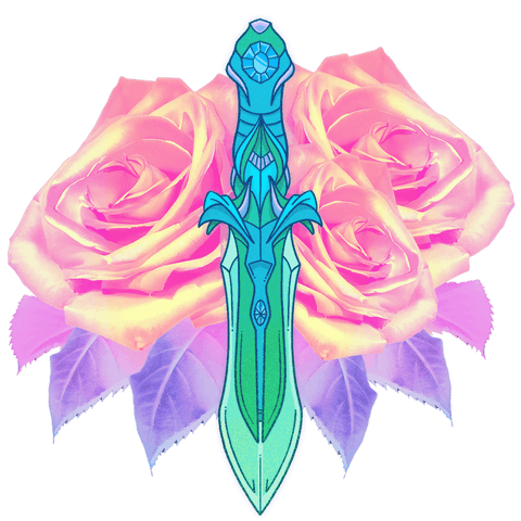 Elegant fantasy sword over neon roses transparent design