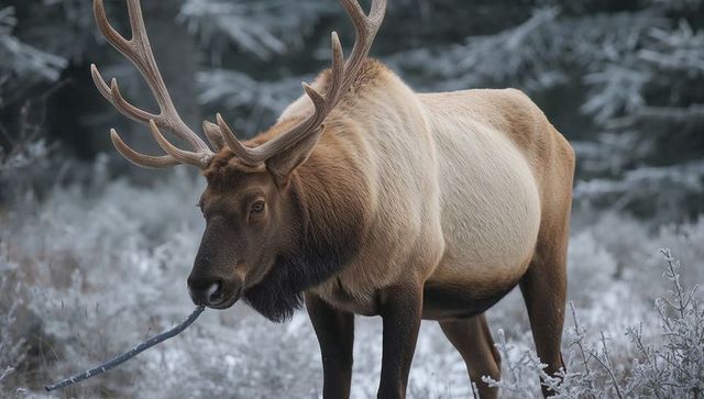 Standing bull elk holding twig and showing branching antlers in frosty winter forest