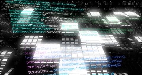 Glowing Holographic Data Panels Moving Through Virtual Binary Grid Showing Code Snippets