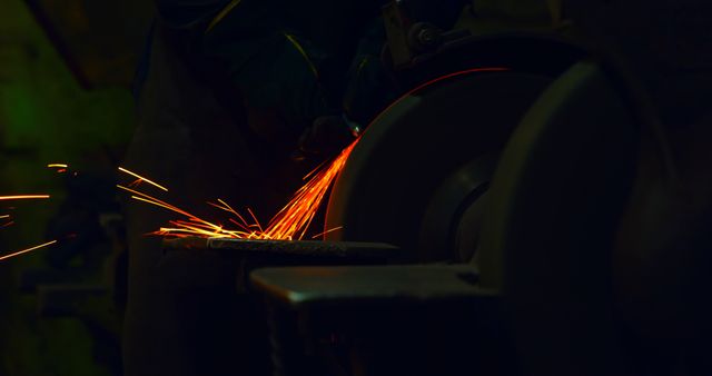 Worker grinding metal with a grinder generating bright sparks in a workshop. Useful for topics related to industrial work, manufacturing processes, safety in the workplace, craftsmanship, and engineering education. Suitable for illustrating concepts in metalworking, factory machinery, industrial machinery, and manual labor.