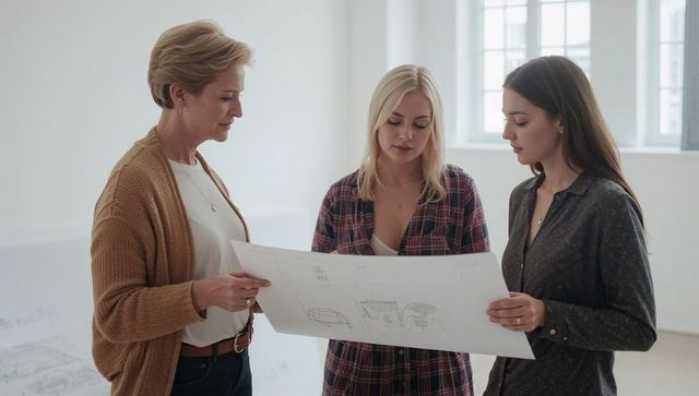 Designers collaborating over large blueprint in bright studio reviewing sketches together