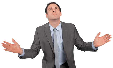 Confused Businessman Gesturing with Open Hands on Transparent Background