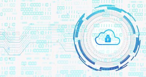 Secure Cloud Lock in Futuristic Digital HUD with Binary Code Circuit Mesh for Cybersecurity