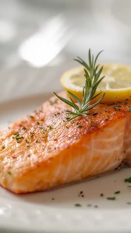 Vertical video panning over seared salmon fillet topped with lemon slice and rosemary