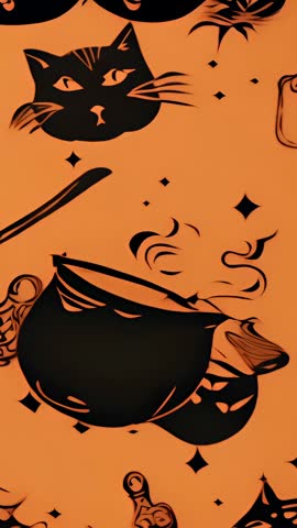 Looping Vertical Halloween Icons on Orange Tile, Cat Head, Cauldron, Flask, Spooky Motifs