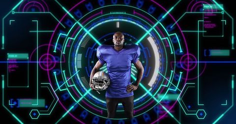 Futuristic Portrait of Rugby Player with Digital HUD