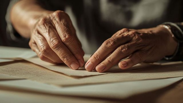 Senior hands smoothing and aligning papers on desk closeup showing wrinkles and wristwatch