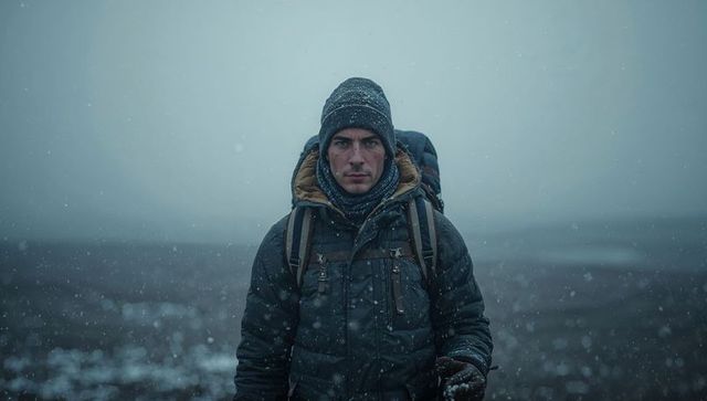 Solitary winter hiker standing in snowy tundra with backpack and insulated parka