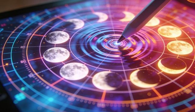 Holographic moon phase interface on tablet with stylus creating ripples and neon glow