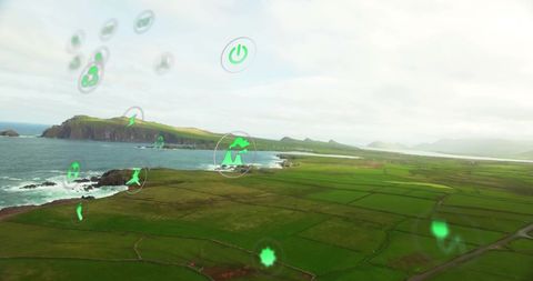 Augmented reality eco icons over vast green seascape landscape
