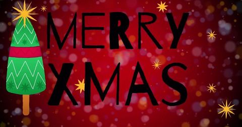 Bold Merry Xmas Card with Festive Tree and Gold Starbursts