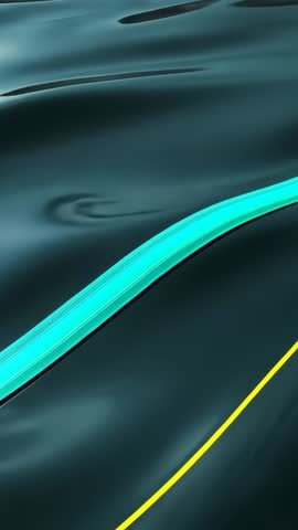 Vertical abstract liquid motion loop with neon cyan ribbon and yellow streak gliding