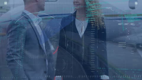 Digital Interface Overlaying Business Colleagues at Airport