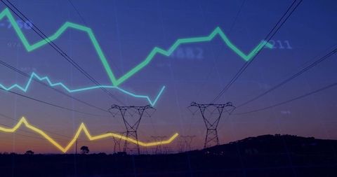 Power lines at dusk with overlaying data charts